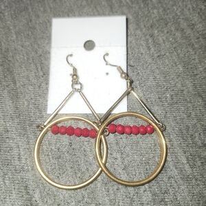 Gold Hoop Drop Earrings with Red Bead Accent